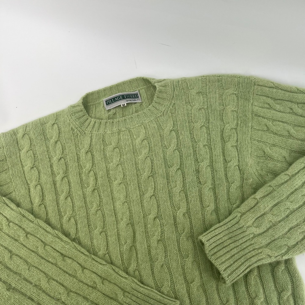 Village Tweed Merino Angora Cable Knit Sweater Sage Green Scotland Mens Medium